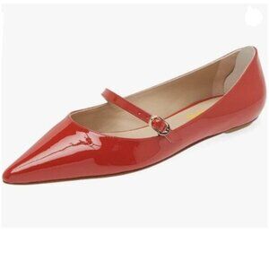 Milooey  Women's Mary Jane Flats with Ankle Strap Pointed Toe Comfy Ballet Red